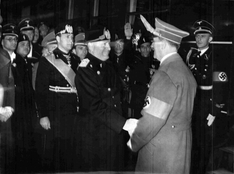 Adolf Hitler bids farewell to Benito Mussolini in Florence after the Führer's trip to Italy